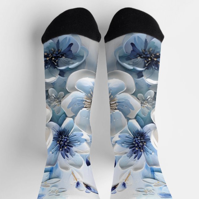 Modern Elegant Blue White Botanical Floral Socks (Top)
