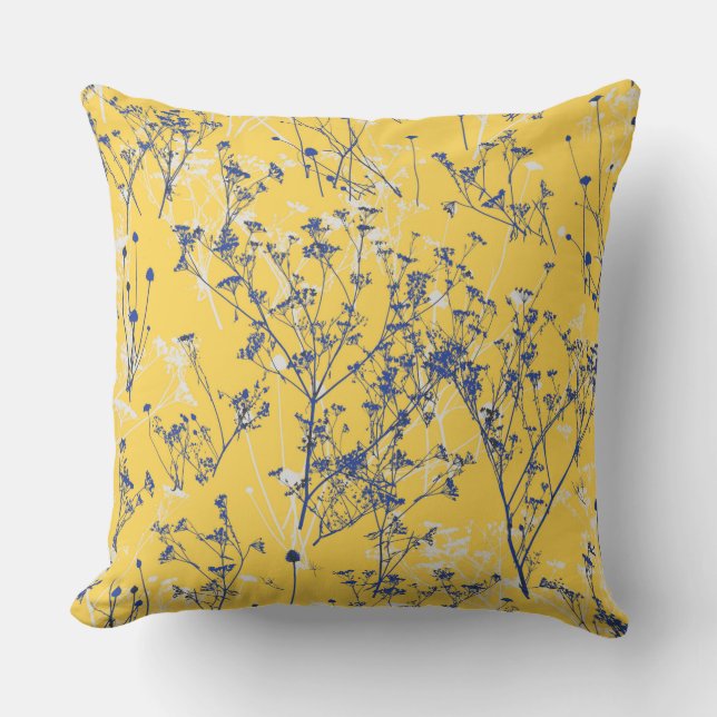 Modern Elegant Blue Wildflowers on Mustard Yellow Cushion (Front)
