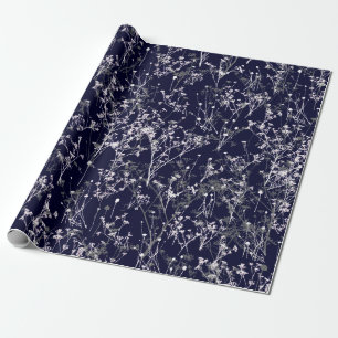 Modern Elegant Blue Wildflowers on Navy Blue Wrapping Paper