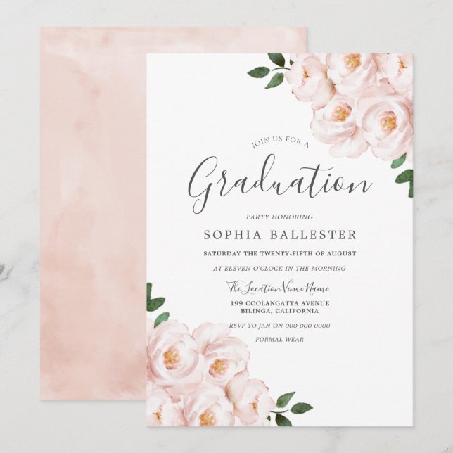 Modern Elegant Blush Flowers Graduation Party Invitation (Front/Back)