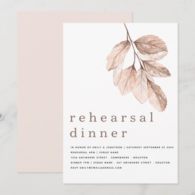 Modern Elegant Blush Leaf Rehearsal Dinner Invitation (Front/Back)