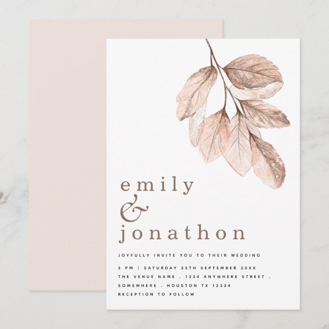 Modern Elegant Blush Leaves Wedding Invitation (Front/Back)