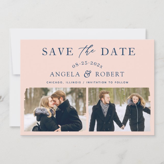Modern Elegant Blush Navy Brush Stroke 2 Photo Save The Date (Front)