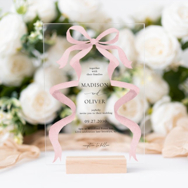 Modern Elegant Blush Pink Bow Monogram Wedding Acrylic Invitations (Creator Uploaded)