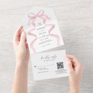 Modern Elegant Blush Pink Bow Monogram Wedding All In One Invitation