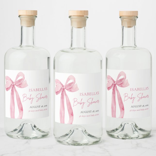 Modern Elegant Blush Pink Bow Ribbon Baby Shower Liquor Bottle Label (Bottles)