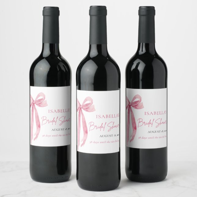 Modern Elegant Blush Pink Bow Ribbon Bridal Shower Wine Label (Bottles)