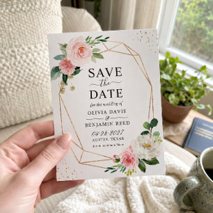 Modern Elegant Blush Pink Floral Geometric Frame Save The Date