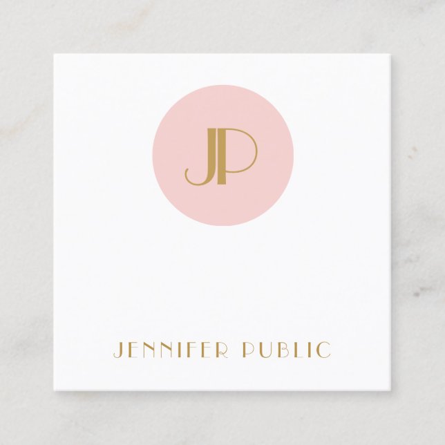 Modern Elegant Blush Pink Gold Monogram Template Square Business Card (Front)