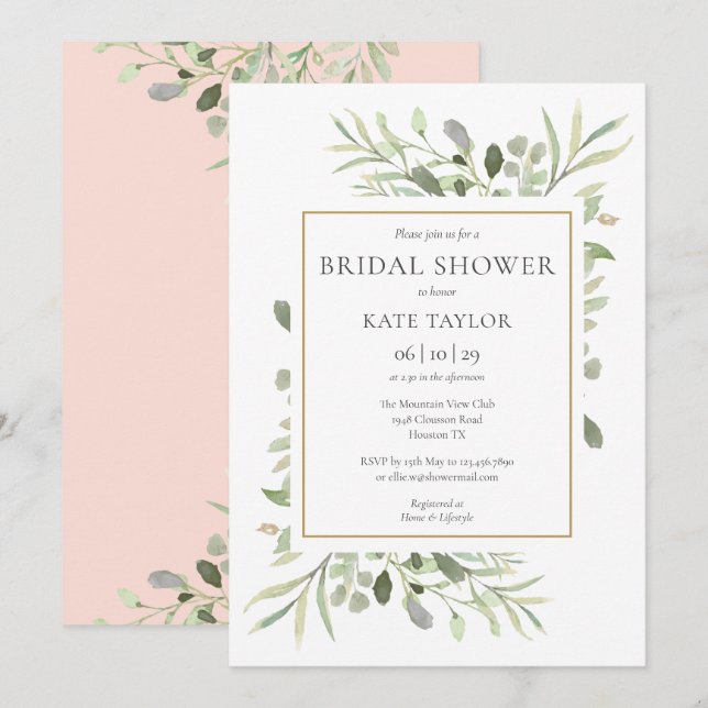 Modern Elegant Blush Pink Greenery Bridal Shower Invitation (Front/Back)