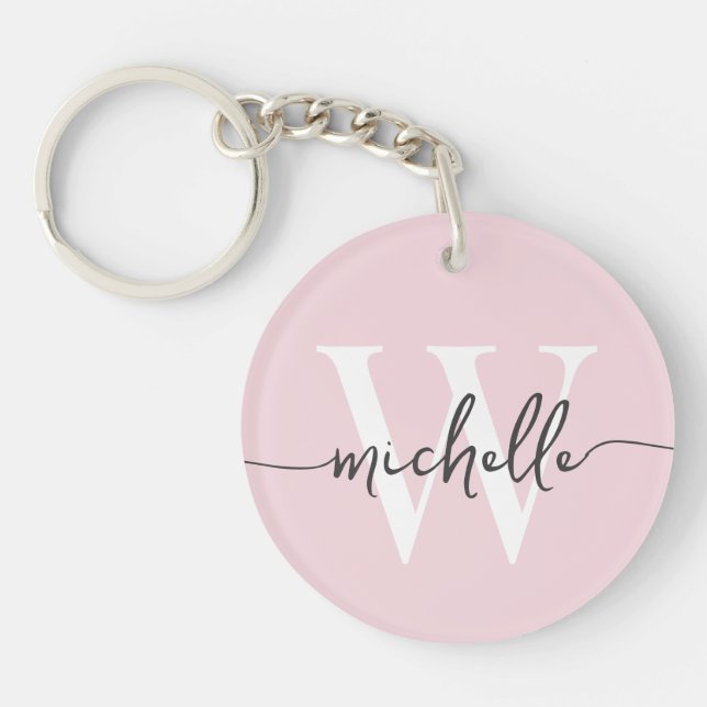 Modern Elegant Blush Pink Monogram Name Script Key Ring (Front)