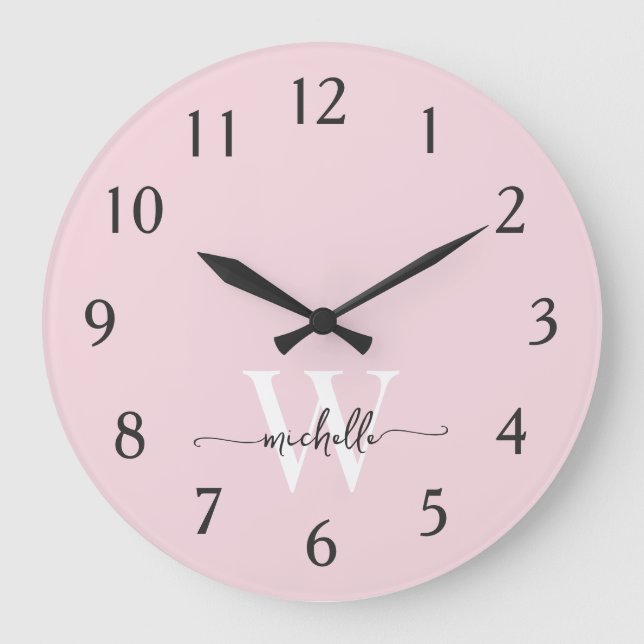 Modern Elegant Blush Pink Monogram Name Script Large Clock (Front)