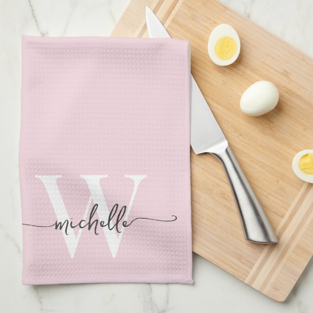 Modern Elegant Blush Pink Monogram Name Script Tea Towel (Quarter Fold)