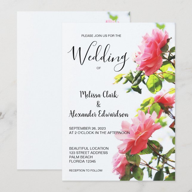 Modern elegant blush pink roses wedding invitation (Front/Back)