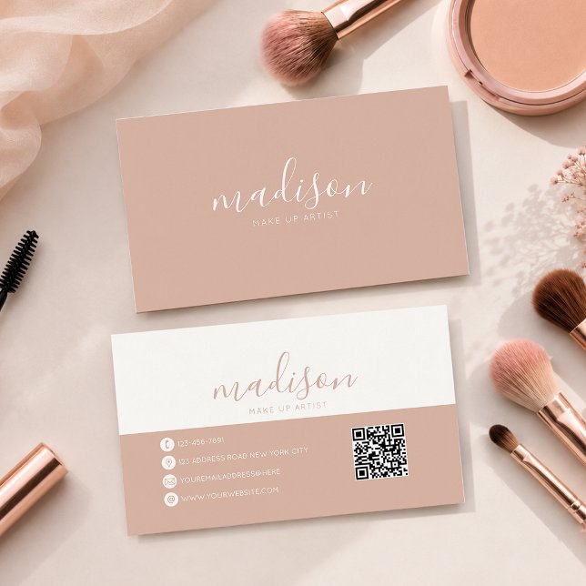 Modern Elegant Blush Pink Script Qr Code Business Card (Creator Uploaded)