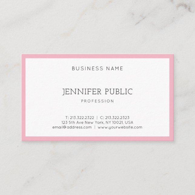Modern Elegant Blush Pink White Sleek Template Top Business Card (Front)