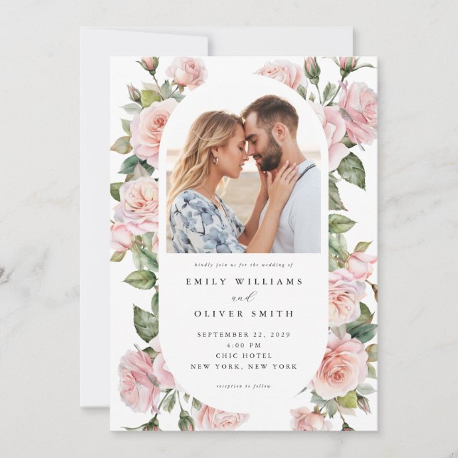 Modern Elegant Blush Rose Floral Photo Wedding Invitation (Front)