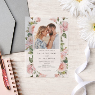Modern Elegant Blush Rose Floral Photo Wedding Vellum Invitations