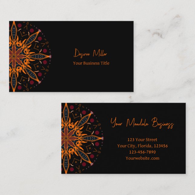 Modern Elegant Boho Orange Black Mandala Business Card (Front/Back)