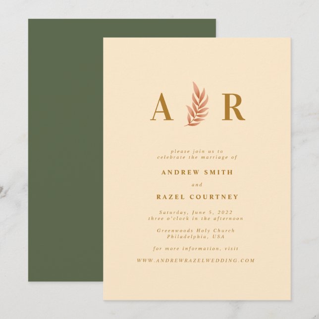 Modern Elegant Boho Wedding Monogram Invitation (Front/Back)