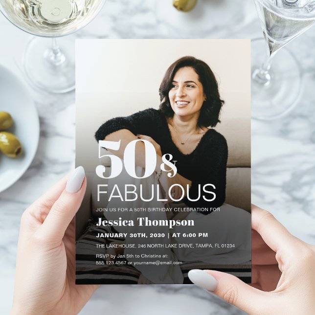 Modern Elegant Bold 50th Birthday Photo Invitation (Bold and elegant 50 & Fabulous 50th birthday custom photo invitation)