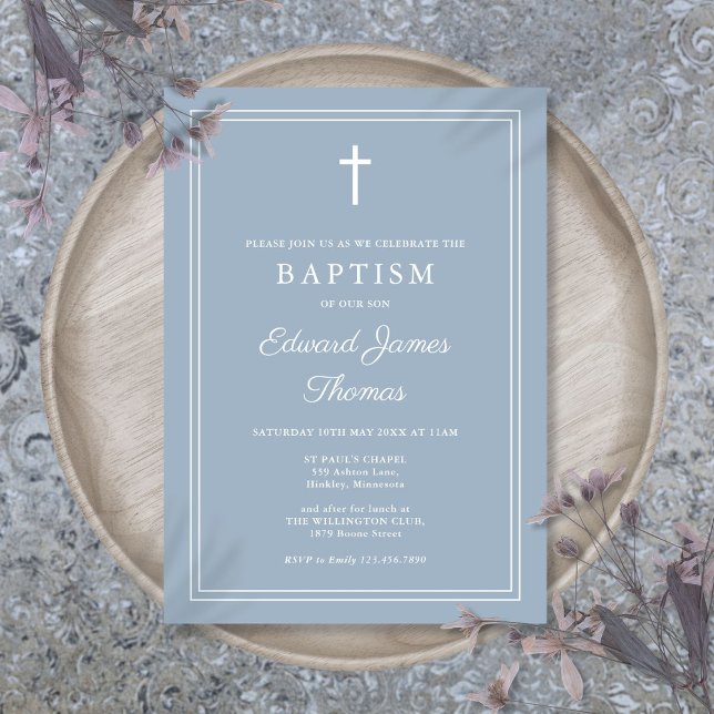 Modern Elegant Border Dusty Blue Baptism Invitation (Modern Elegant Border Dusty Blue Baptism Invitation)
