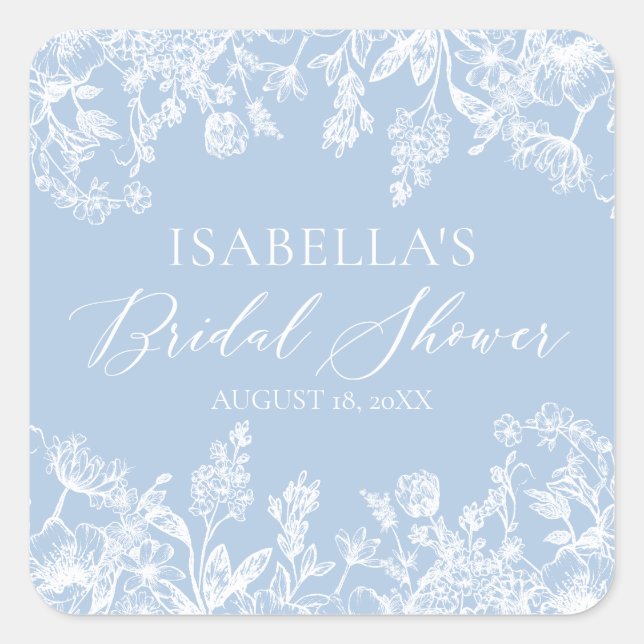Modern Elegant Botanical Dusty Blue Bridal Shower  Square Sticker (Front)