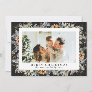 Modern Elegant Botanical Foliage   Black Christmas Holiday Card