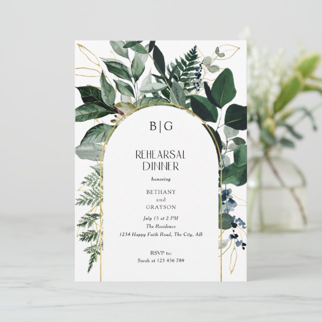Modern Elegant Botanical Greenery Rehearsal Dinner Invitation (Standing Front)