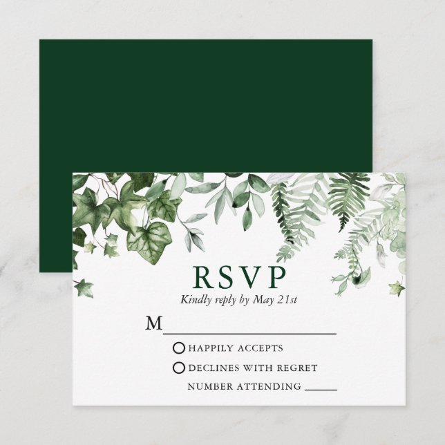 Modern Elegant Botanical Ivy Greenery Wedding RSVP Card (Front/Back)