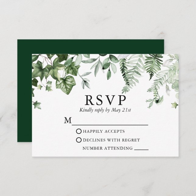Modern Elegant Botanical Ivy Sage Greenery Wedding RSVP Card (Front/Back)