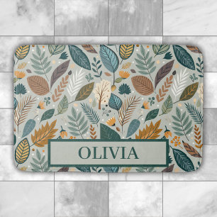 Modern Elegant Botanical Leaves Pattern Bath Mat