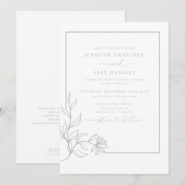 Modern Elegant Botanical Leaves QR Code Wedding In Invitation (Front/Back)
