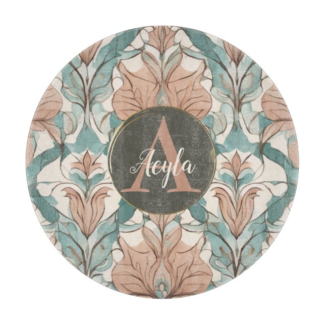 Modern Elegant Botanical Pink Floral Damask Cutting Board (Front)