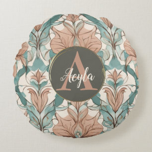 Modern Elegant Botanical Pink Floral Damask Round Cushion