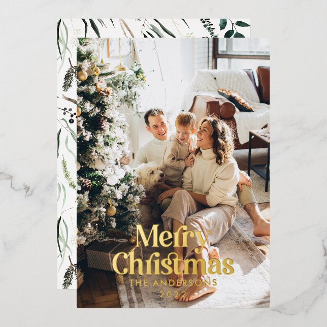 Modern elegant botanical typography photo chic foil holiday card (Front/Back)