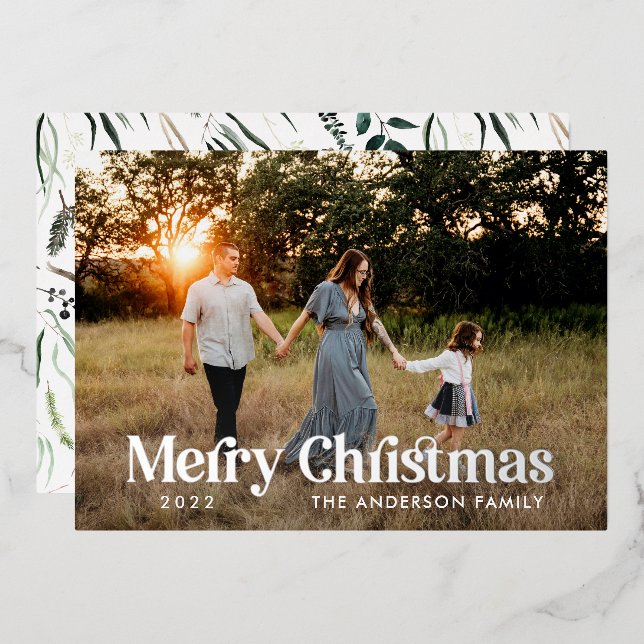 Modern elegant botanical typography photo foil holiday card (Front/Back)