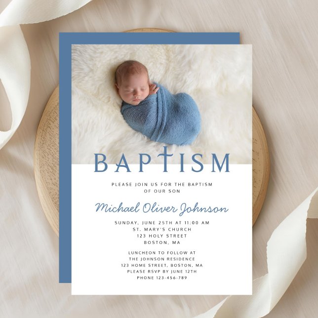 Modern Elegant Boy Photo Baptism Invitation (Religious Cross Blue Photo Boy Baptism Invitation)