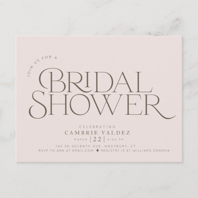 Modern, Elegant bridal shower invitation Postcard (Front)