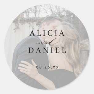 Modern elegant bride groom name date photo wedding classic round sticker