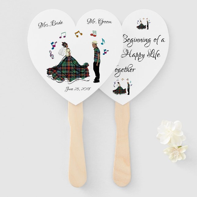 Modern Elegant Bride Groom Wedding Hand Fan (Front and Back)