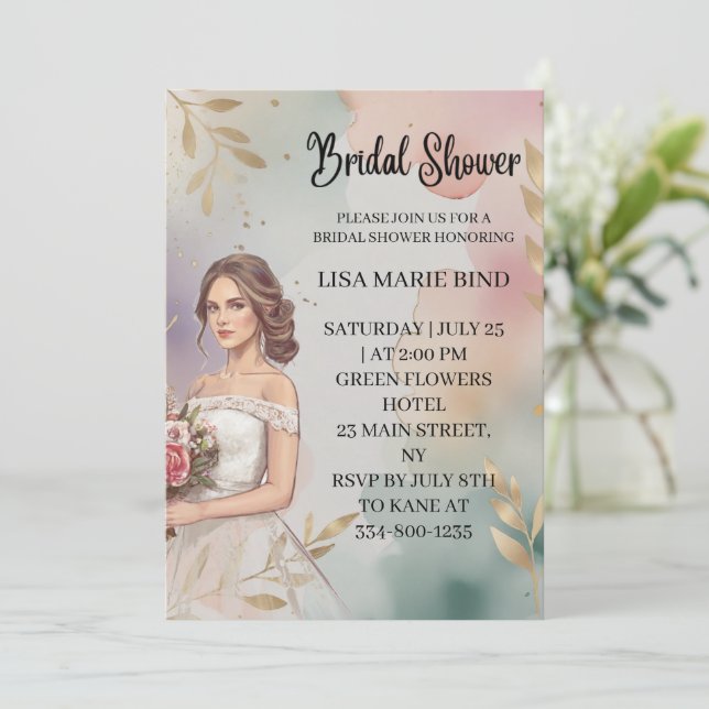 Modern Elegant Bride Wedding Gown Bridal Shower  Invitation (Standing Front)