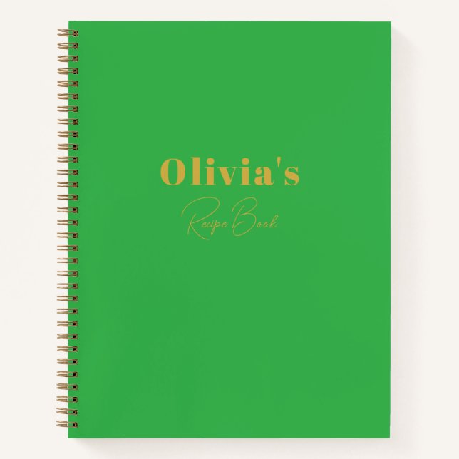 Modern Elegant Bright Green and Gold Custom Recipe Notebook (Front)