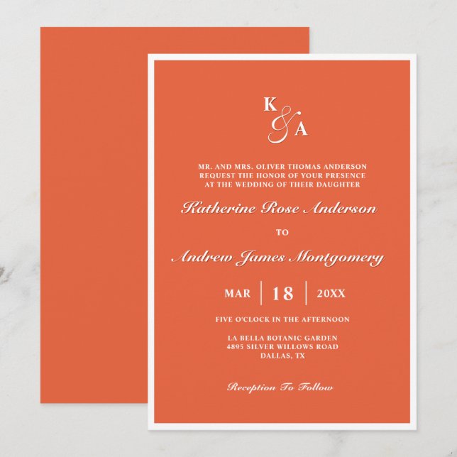 Modern Elegant Bright Orange Monogram Wedding  Invitation (Front/Back)