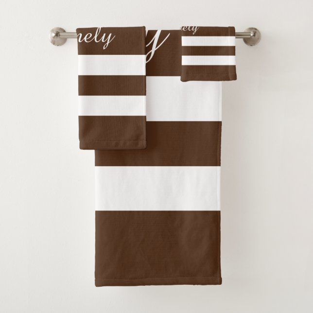 Modern Elegant Brown And White Stripes Pattern Bath Towel Set (Insitu)