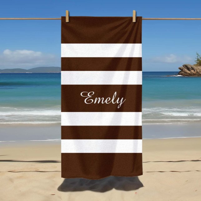 Modern Elegant Brown And White Stripes Pattern Beach Towel (Custom Name Modern Elegant Brown And White Stripes Pattern Beach Towel)