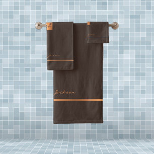 Modern elegant brown gold chic monogrammed stripes bath towel set