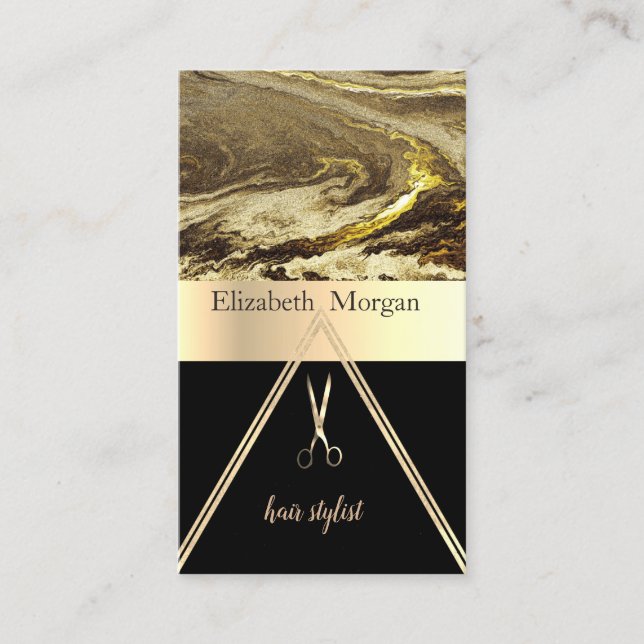 Modern Elegant Brown Marble Gold Black,Scissors Business Card (Front)
