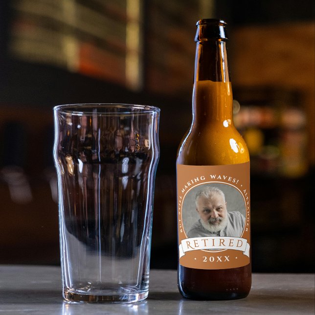 Modern Elegant Brown Retire Man Grandfather Photo Beer Bottle Label (Creator Uploaded)