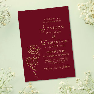 Modern Elegant burgundy and gold Floral  Wedding  Invitation